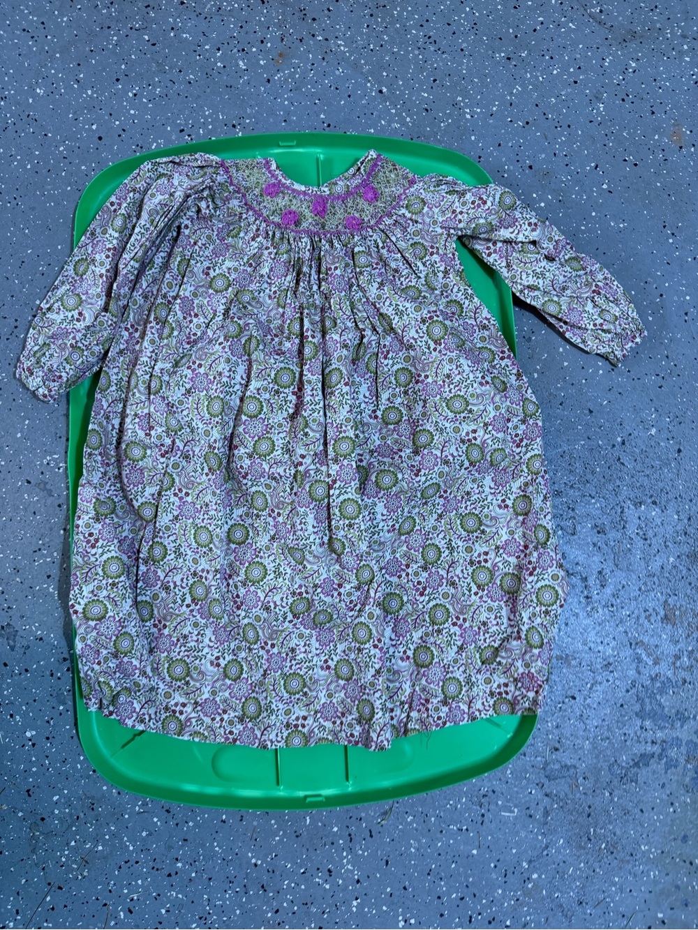 Smocked Floral Long-Sleeve Dress in Green & Pink